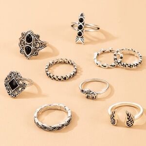 *EMBERLY* 9-Pc Silver x Black Fashion Geometric Ring Set